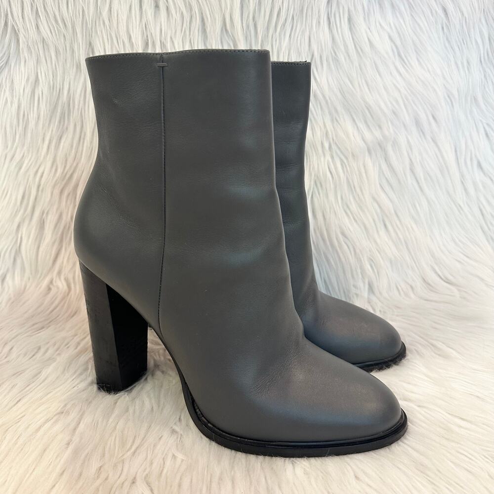 VINCE Overton Leather Ankle Boots Zip Chunky Block Heeled, Gray/ Black